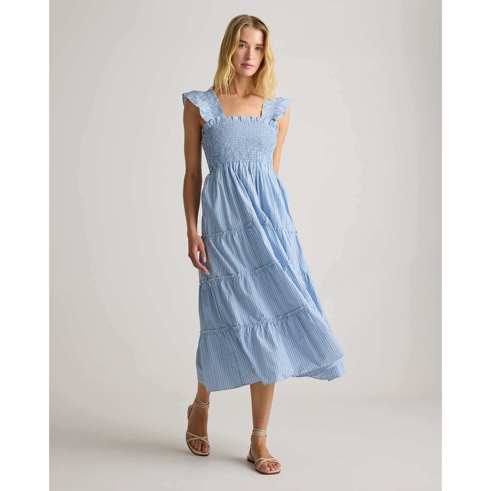 Quince Poplin Smocked Midi Dress Women XS Blue Tribeca Stripe Excellent Tiered